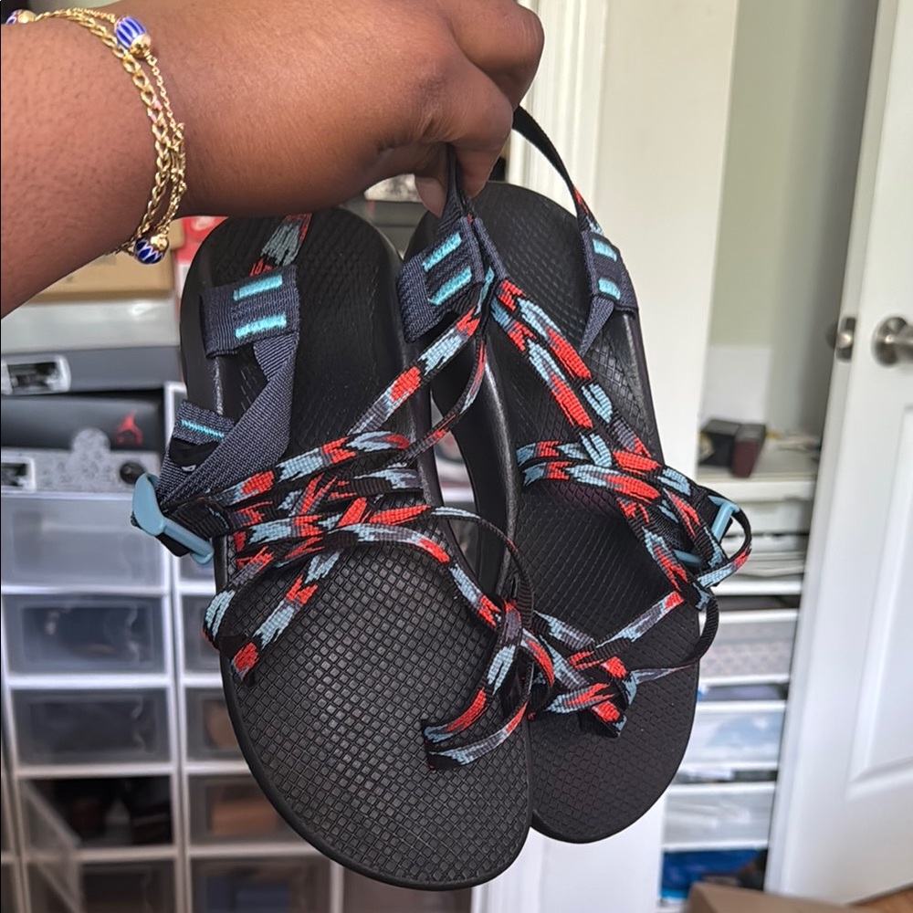 Chaco Black Sandals with Red and Blue Straps